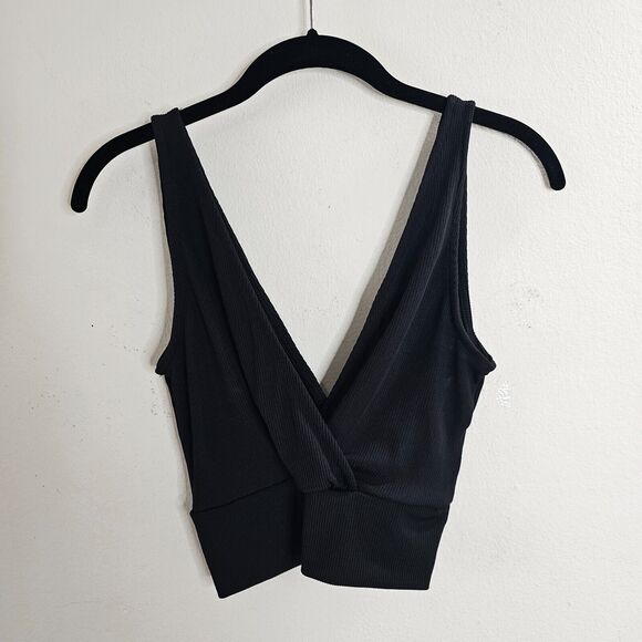 Revamped Black Deep-V Front & Back Faux Wrap Knit Crop Top Small - Picture 6 of 6